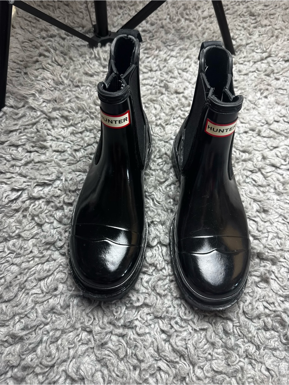 Hunter Black Gloss Chelsea Rain Ankle Boots with Logo Trim